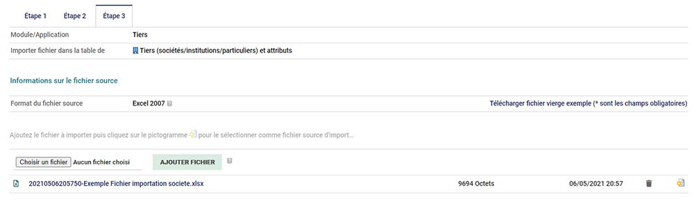 Capture d'écran de l'ajout du fichier d'importation des contacts.