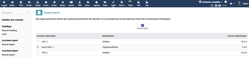 Capture d'écran de l'onglet outils utilisé pour l'importation des contacts dans Dolibarr.
