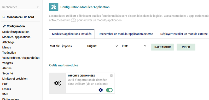Importation des contacts dans Dolibarr:  Capture d'écran du paramétrage des modules.