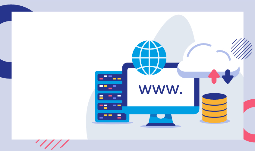 Hébergement web et nom de domaine - certificat SSL, serveur dédié - serveur représentant l'hébergement web, cloud, flèche représentant les échanges de donnée entre le serveur et le navigateur, ordinateur avec l'inscription WWW. pour représenter le nom de domaine.